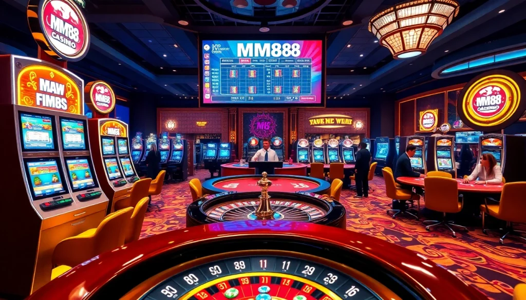 Players winning big at MM88 casino with vibrant slot machines and poker tables featured.