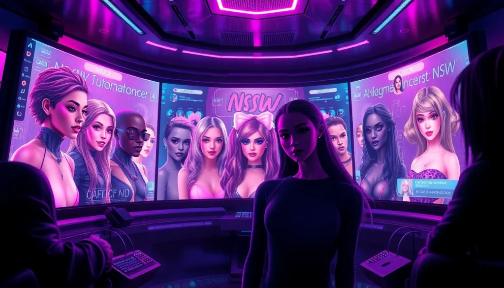 Explore interactive NSFW character AI in a futuristic, immersive setting with vibrant character designs.