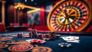 Engaging scene of nhà cái sa88 featuring a luxurious casino layout with gaming tables and poker chips.