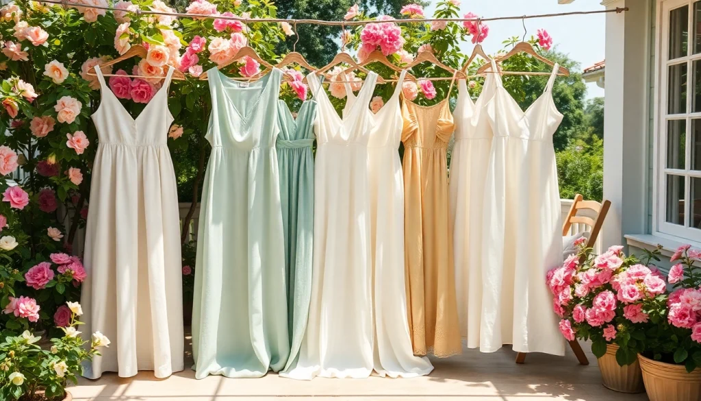 Linnen jurken in diverse stijlen op een zonnige patio met bloemen.