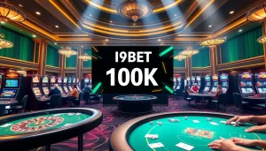 I9BET 100K thrilling casino scene with poker games and vibrant slot machines.