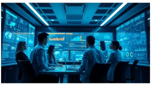 Cybersecurity AI professionals analyzing data in a modern office environment.