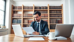 Eminent domain lawyer analyzing case materials in a bright, professional office setting.