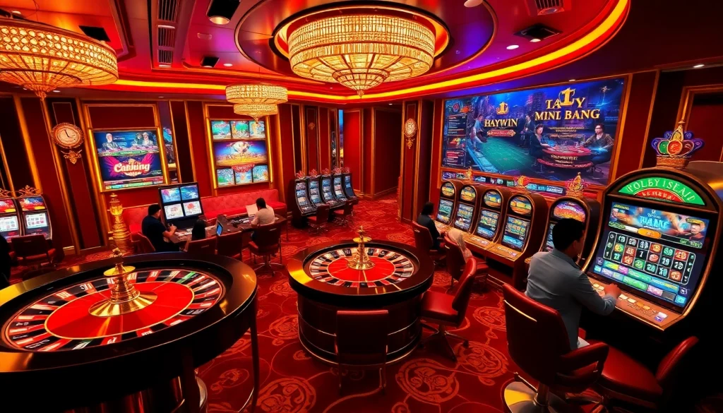 Experience excitement at Trang game Haywin with vibrant casino visuals showcasing roulette wheels and slot machines.