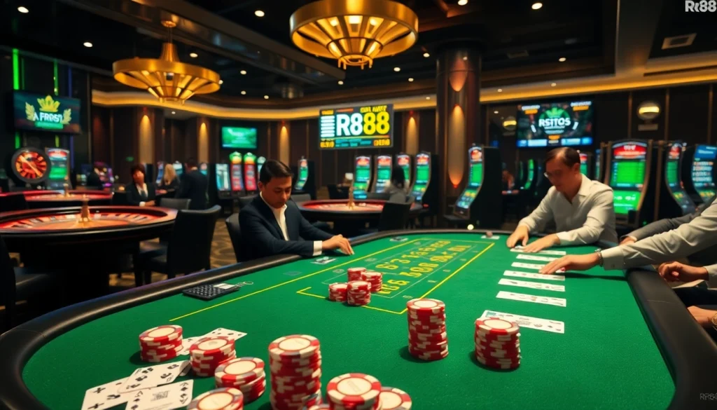 Engage in high-stakes poker at RR88 casino with vibrant chips and stylish cards.