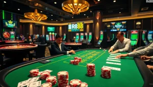 Engage in high-stakes poker at RR88 casino with vibrant chips and stylish cards.