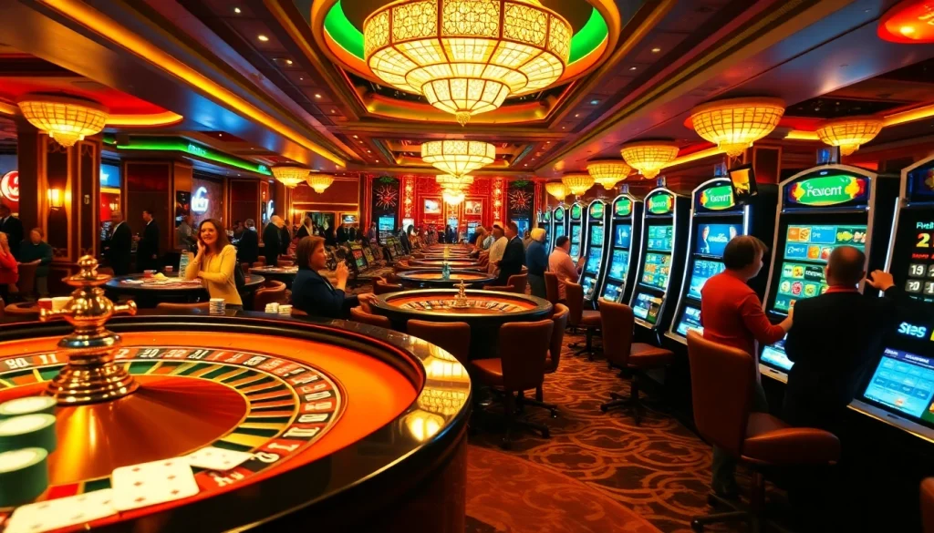 Engaging gamblers at https://i5bet.it.com/ with lively casino tables, vibrant roulette wheel, and slot machines.