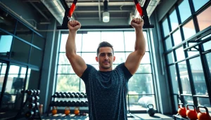 Fitness enthusiast performing pull-up assist bands exercise in a bright gym setting.