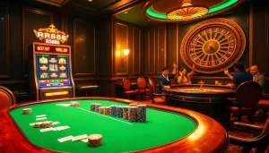 Experience the excitement of RR88 with a luxurious casino setup featuring poker, slots, and roulette.