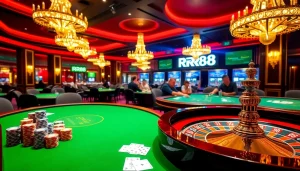 RR88 players engaging at vibrant casino tables with colorful chips and cards.