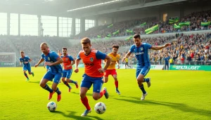 نشاط كرة قدم مكثف يعرض إثارة كورا لايف مع جماهير متحمسة في الخلفية.