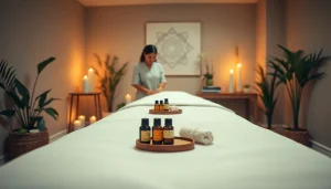 차분한 분위기의 출장마사지 치료 공간과 에센셜 오일 세팅.