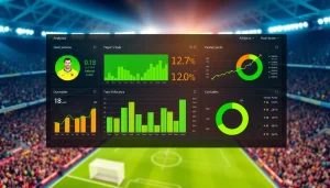 Visualizing thscore soccer statistics with colorful charts in a dynamic stadium scene.