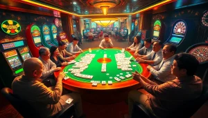 Gamblers engaged in a lively game of link mahjong at a vibrant casino table surrounded by classic gambling elements.