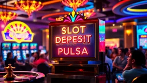 Adegan menarik para pemain yang berinteraksi dengan mesin slot deposit pulsa, menampilkan suasana kasino yang hidup.