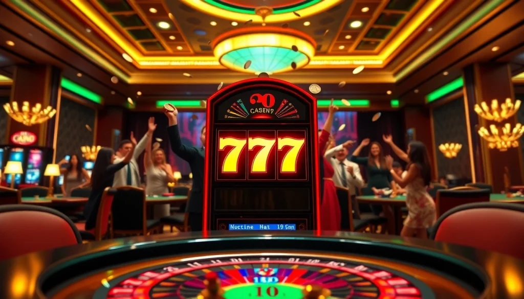 Winning at the seven77 slot machine amidst a lively casino atmosphere.