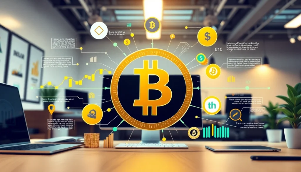 Comprendre bitcoin avec un symbole central et des éléments numériques illustratifs en arrière-plan.