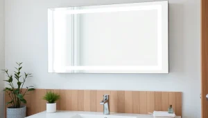 Enhance your space with a stylish bathroom mirror with LED light, illuminating the modern decor.