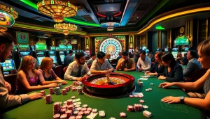 Sit at the exciting gaming table for situs deposit 5k with vibrant poker chips and illuminated slot machines.