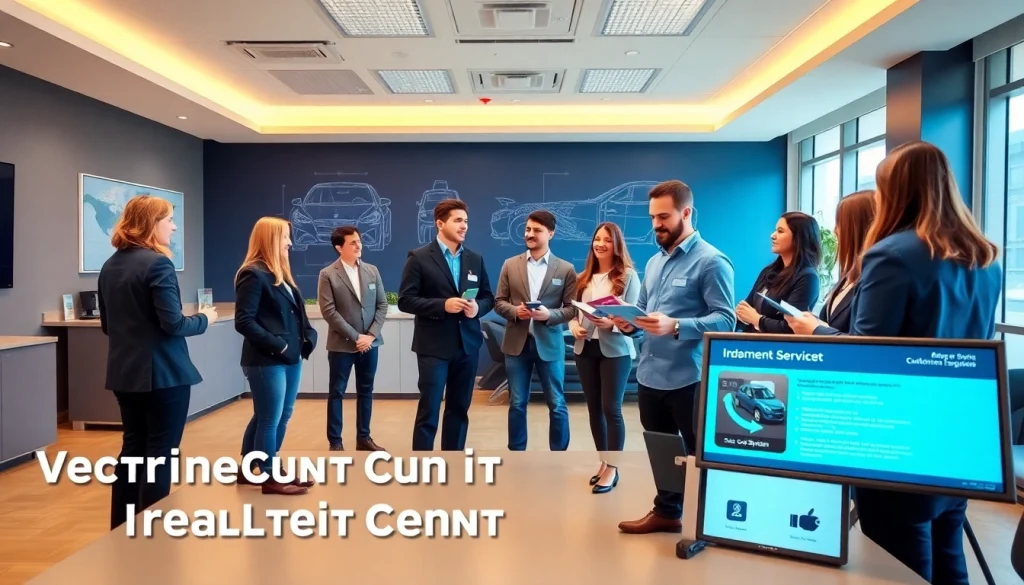 Vehicle service contract provider team engaging with customers in a bright office environment.