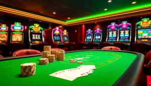 Experience the thrill of the idn slot games with vibrant casino visuals featuring poker tables and slot machines.