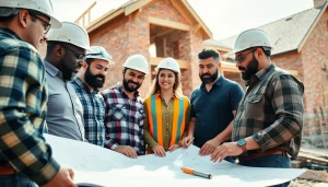 Collaborative builders from the Texas association of builders review plans on-site, symbolizing teamwork.