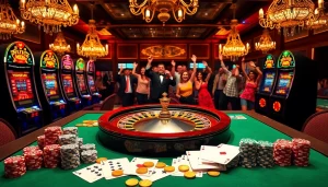 Experience the excitement of onicplay with vibrant casino visuals featuring roulette and slot machines.