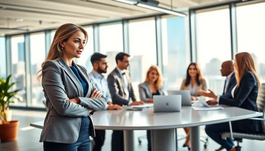 Engaged professionals collaborating in a sales talent marketplace setting.