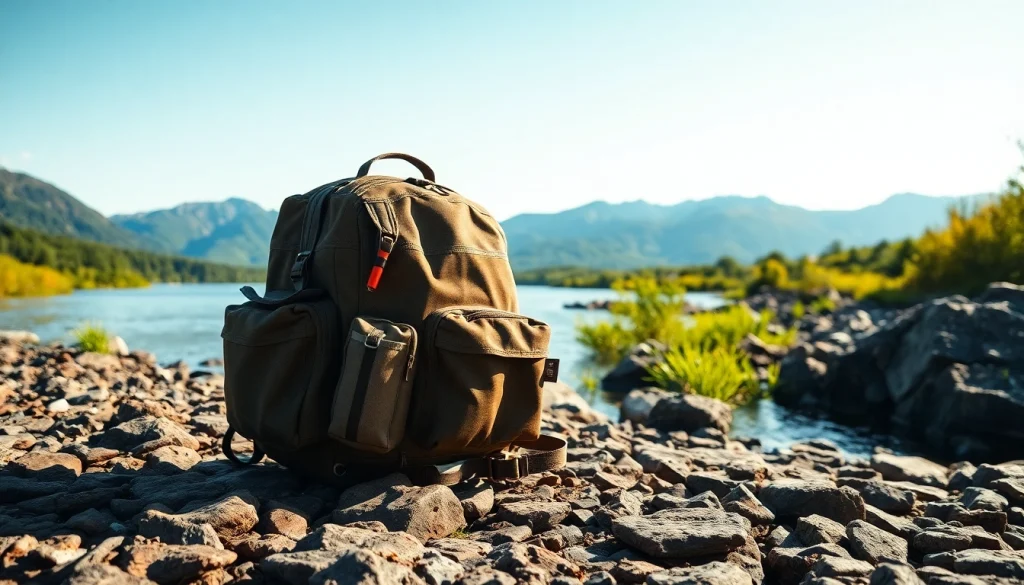 Fly fishing backpack displayed against a scenic riverside backdrop, emphasizing detail and adventure.