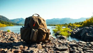 Fly fishing backpack displayed against a scenic riverside backdrop, emphasizing detail and adventure.