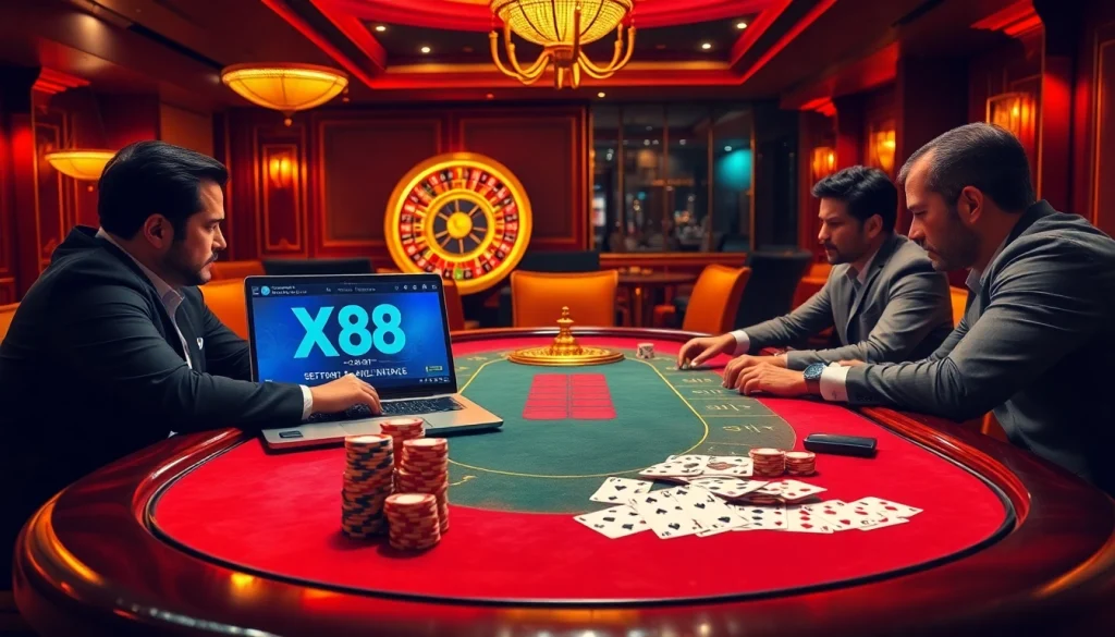 Players enjoy an exciting poker game at XX88's luxury online casino, highlighting vibrant chips and cards.