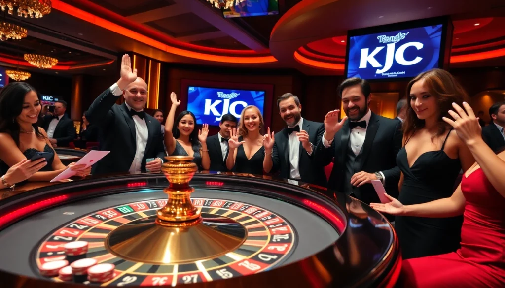 Exciting casino atmosphere with players celebrating wins at KJC-branded roulette table.