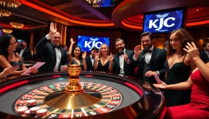 Exciting casino atmosphere with players celebrating wins at KJC-branded roulette table.