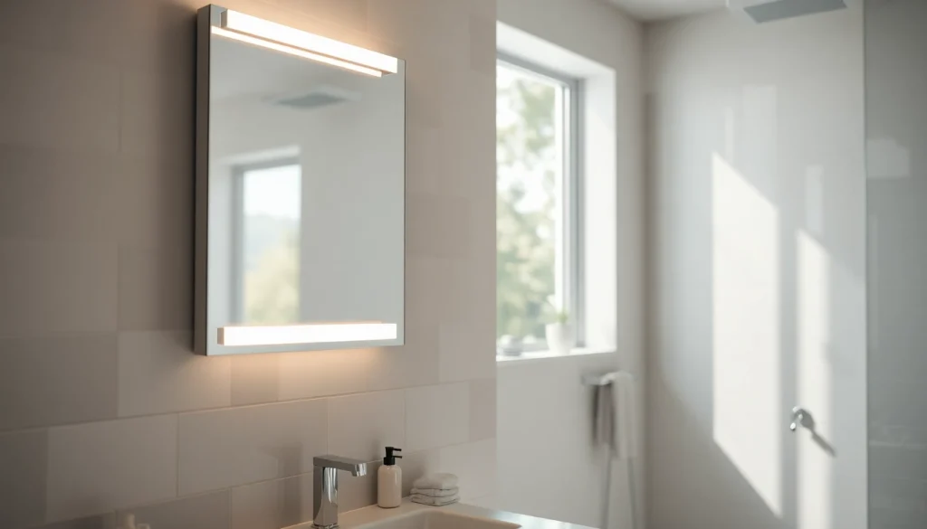 Brightly illuminated mirror with lights enhancing a chic bathroom space, featuring modern design elements.