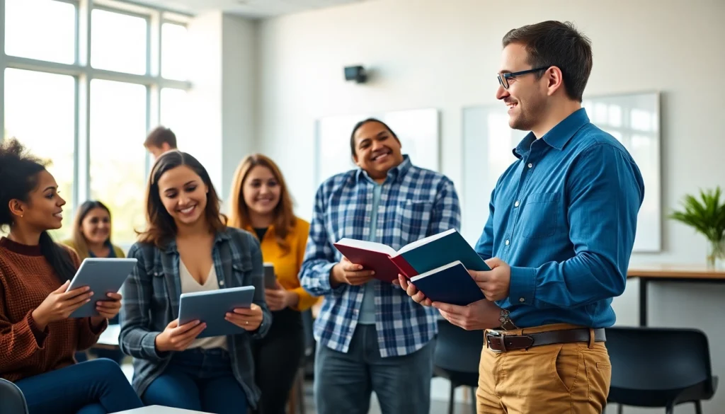 Engaged students receiving certification exam support from a professional tutor in a bright classroom.