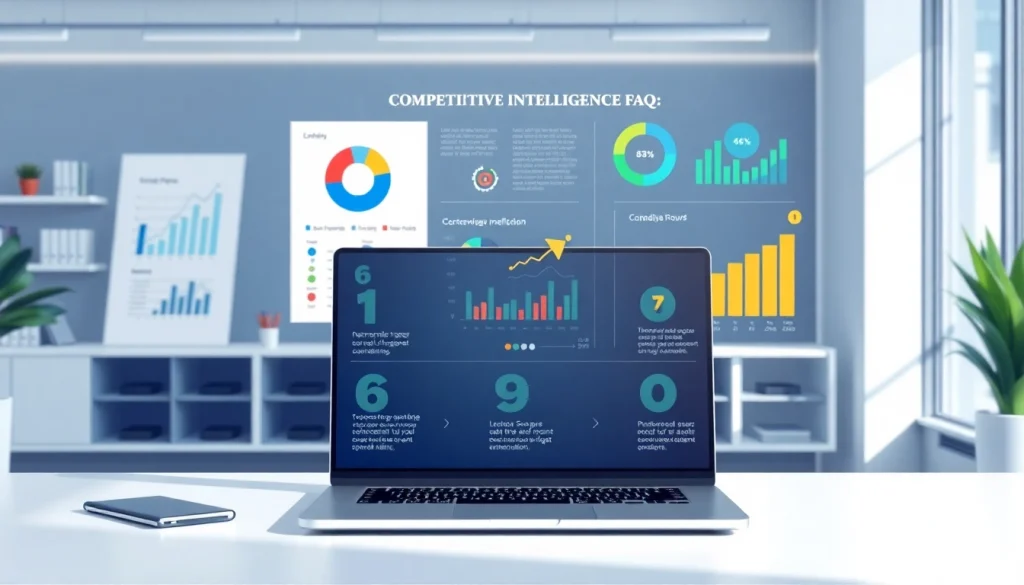 Illustration representing competitive intelligence faqs on a modern workspace, depicting charts and data.