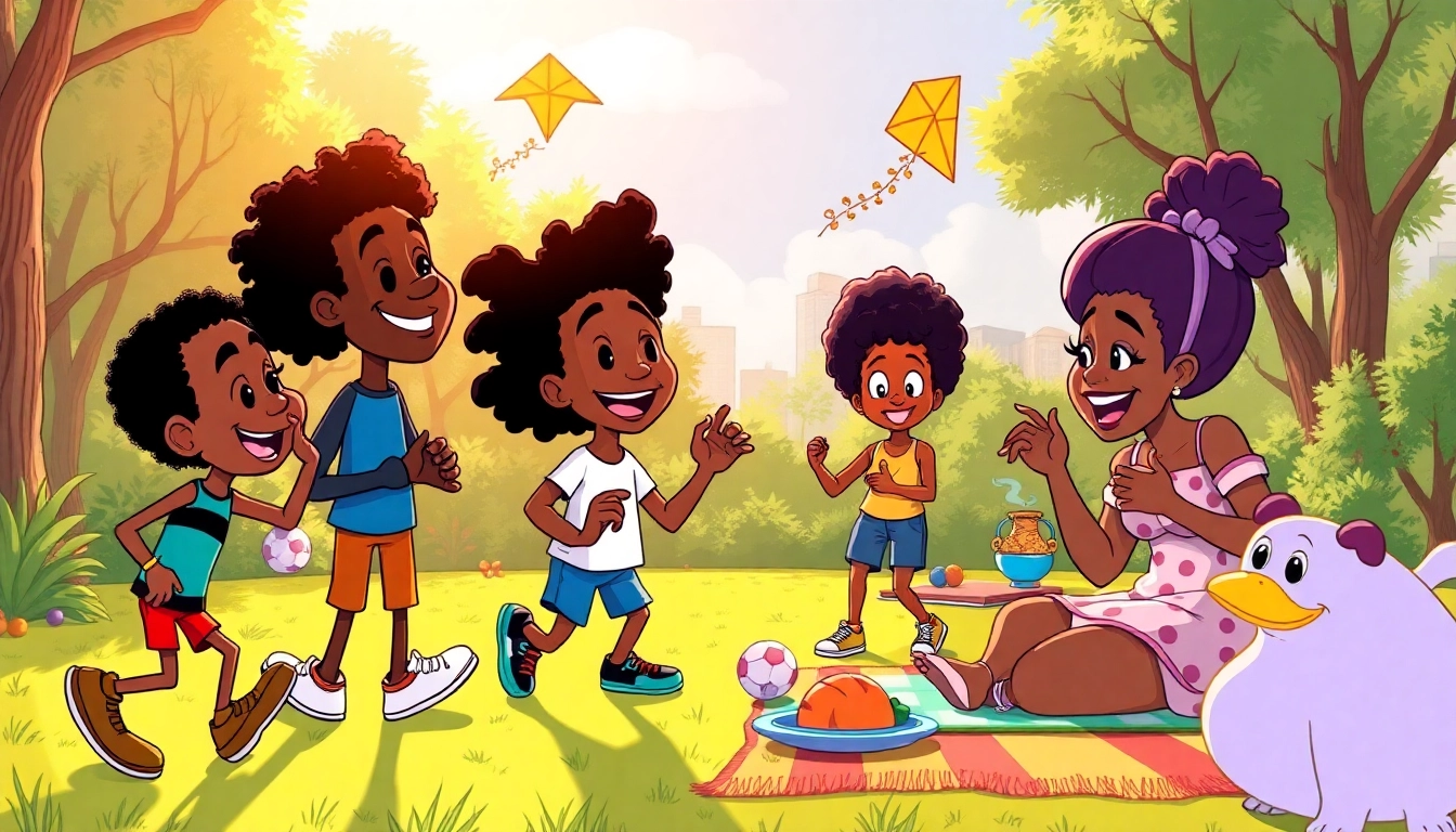 Celebrating African American Cartoons with diverse characters enjoying a vibrant park scene