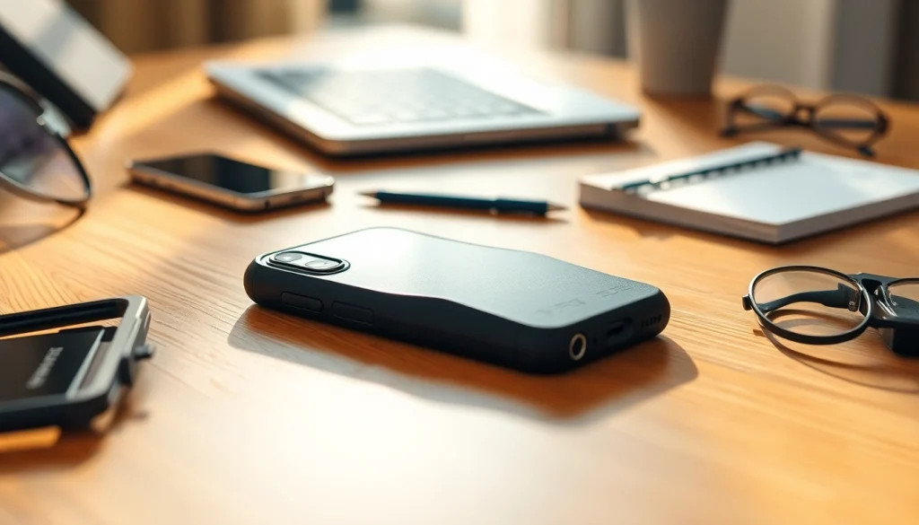 Abschließbare Handytasche auf einem stilvollen Schreibtisch, umgeben von modernen Technikgeräten.