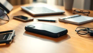 Abschließbare Handytasche auf einem stilvollen Schreibtisch, umgeben von modernen Technikgeräten.