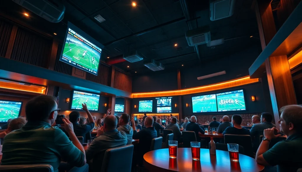 Exciting sports viewing at 토토스토리's vibrant bar environment, featuring fans cheering and live games.