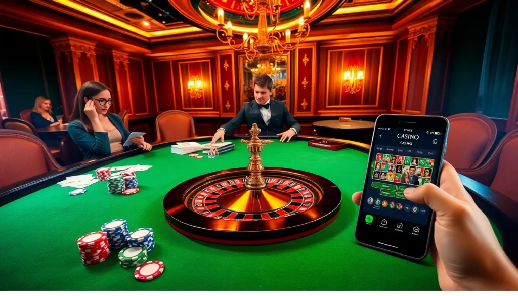 Scène excitante au meilleur casino en ligne avec des actions de poker et de roulette, décor vibrant.