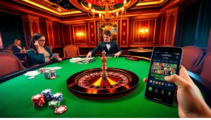 Scène excitante au meilleur casino en ligne avec des actions de poker et de roulette, décor vibrant.