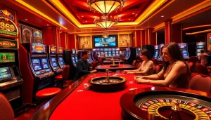 A thrilling 88VV casino experience with players at luxurious poker tables and slot machines.