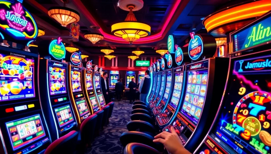 Exciting slot machine gameplay featuring jamuslot with vibrant lights and celebrating players.