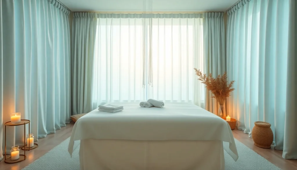 편안한 마사지 경험을 위한 아늑한 마사지 치료실 설정.