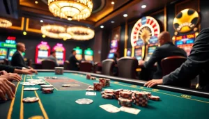 Players strategize at an MM88 poker table amidst an exciting casino atmosphere.