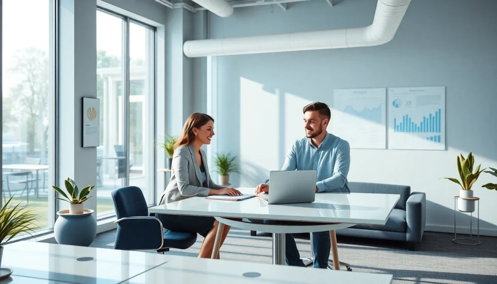 Nowoczesne biuro rachunkowe w Poznaniu z księgowym pomagającym klientowi, prezentujące usługi lokalne Plus