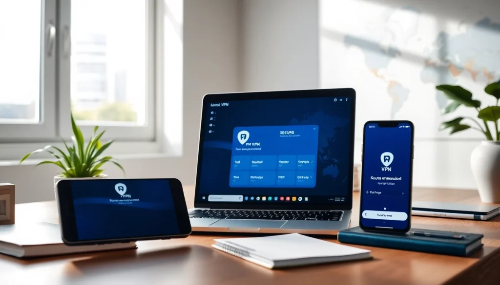 在现代科技工作空间的笔记本电脑上显示的快连 VPN 界面。