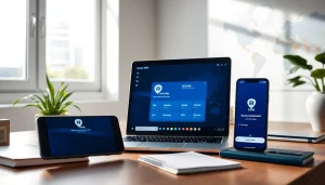 在现代科技工作空间的笔记本电脑上显示的快连 VPN 界面。