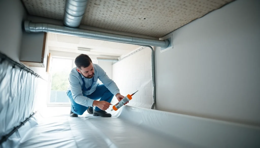 Crawl Space Restoration with a technician sealing the area and ensuring proper vapor barrier installation.